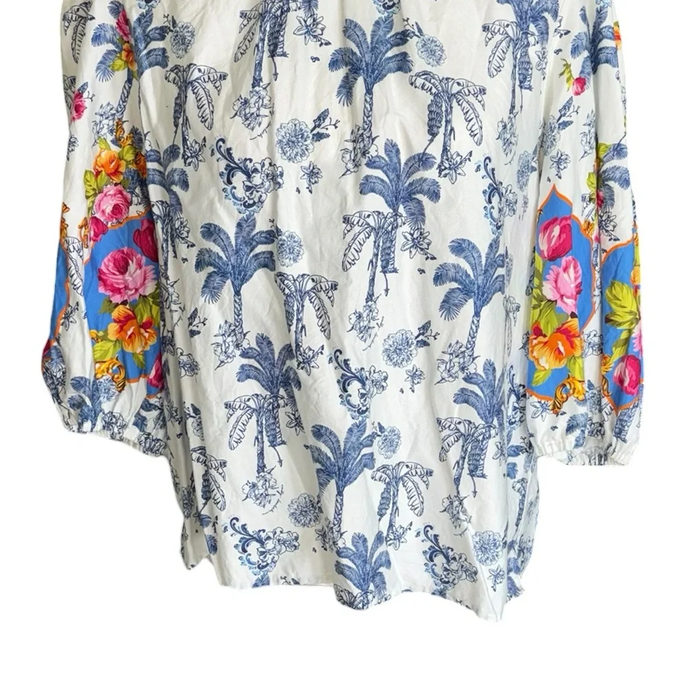 Emily Lovelock Blue Palm Tree Floral Print Puff Sleeve Top - L - Picture 4 of 11